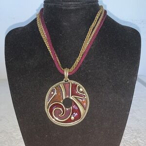 Chico's Vintage Moreau Enameled Pendant Necklace Bronze Disc Renaissance